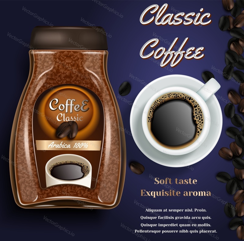 Instant coffee ad. Vector realistic background with instant coffee jar, cup of coffee and copy space. Coffee branding, poster, flyer design template.