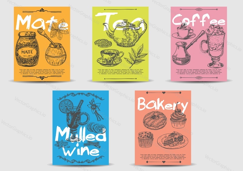Hot drink card template set. Vector vintage hand drawn tea, coffee, mate, mulled wine, bakery backgrounds.
