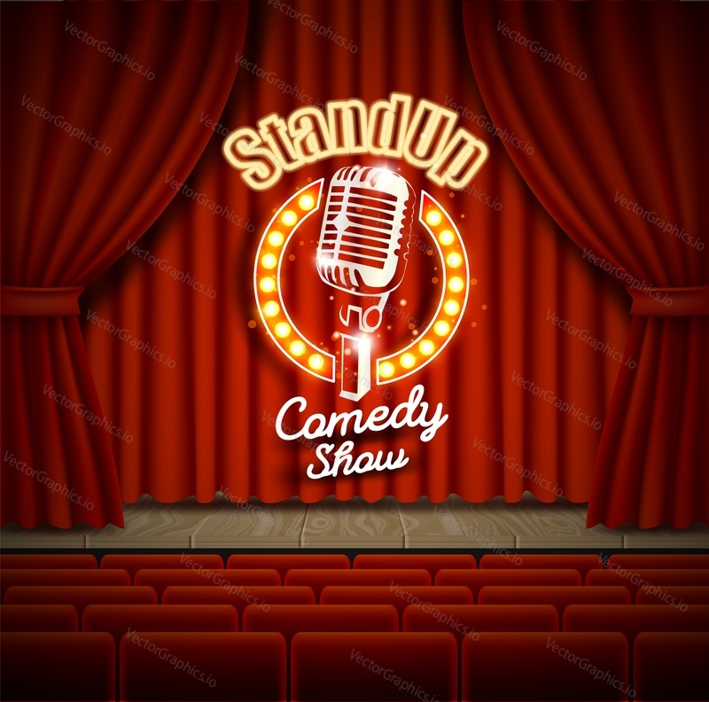 Comedy show theater scene with red curtains vector realistic illustration. Stand up comedy event poster.