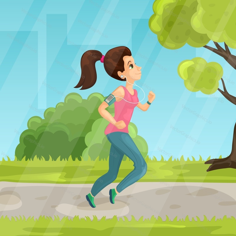 Vector illustration of pretty young girl with headphones running in the park. Flat style design.