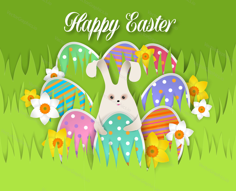 Happy Easter card with easter eggs and easter rabbit. Vector illustration in paper art style.