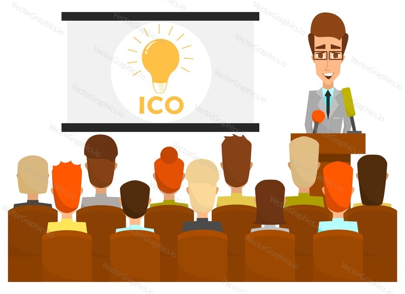 Vektorové ilustrace podnikatel reproduktor dávat prezentaci ico publiku pomocí mikrofonu a vizuálních pomůcek. Koncept obchodní konference. Plochý styl designu.