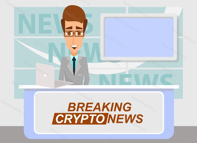 Векторная иллюстрация концепции взлома cryptonews. Ведущий новостей, транслирующий последние важные криптоновости из телестудии.