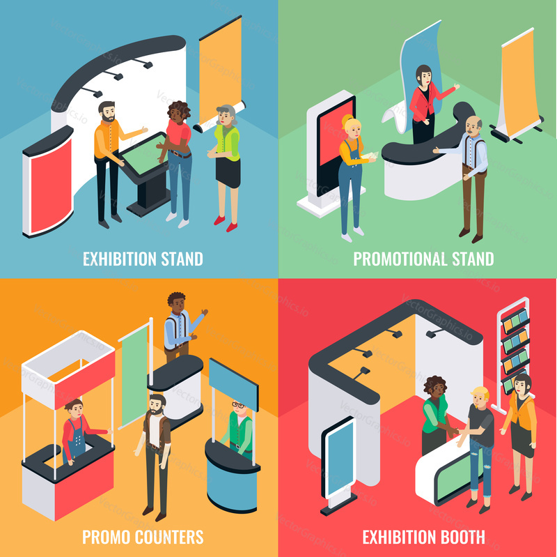Promotion equipment vector flat isometric poster, banner set. Exhibition stand, Promotional stand, Promo counters, Exhibition booth concept design elements.