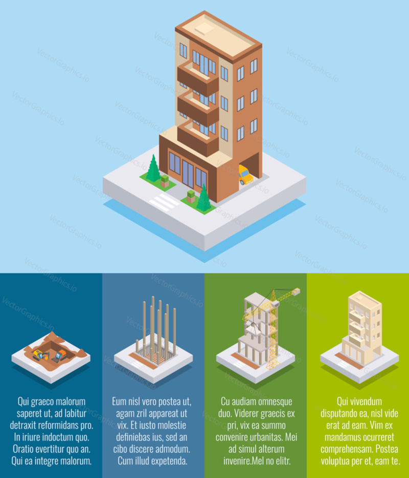 Apartment construction vector flat isometric poster, banner with excavation, columns casting, floor installation, walls building design elements and copy space.