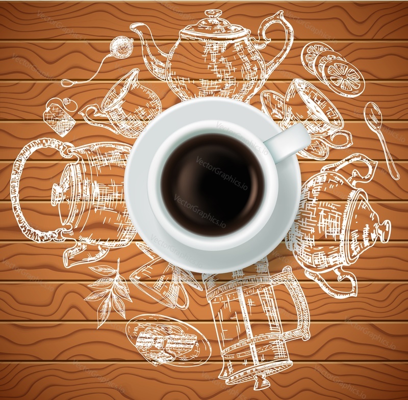 Vector realistic top view cup of black tea with hand drawn doodle tea items around it on wood background. Sketch vintage tea set.