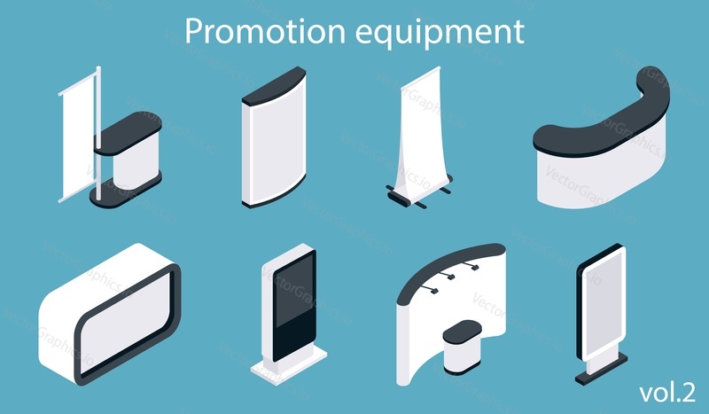 Promotion equipment vector icon set. Isometric white blank exhibition display stand, trade show booth, flag banner mockup set.