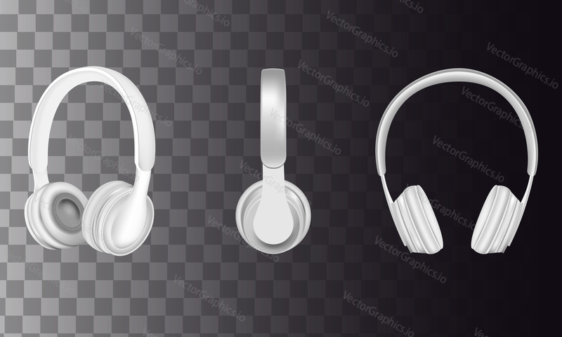 Headphones icon set. Vector realistic white headphones music accessories isolated on transparent background.