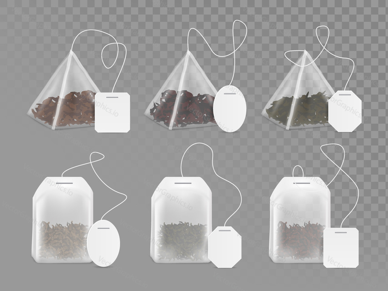 PYRAMIDA a obdélník ve tvaru čajové sáčky mock up set. Vektorové realistické ilustrace čajový sáček s prázdným bílým štítkem izolovaných na průhledném pozadí.