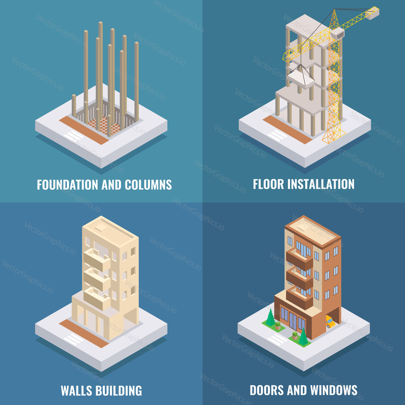 Apartment construction vector flat isometric poster, banner set. Foundation and columns, Floor installation, Walls building, Doors and windows design elements.