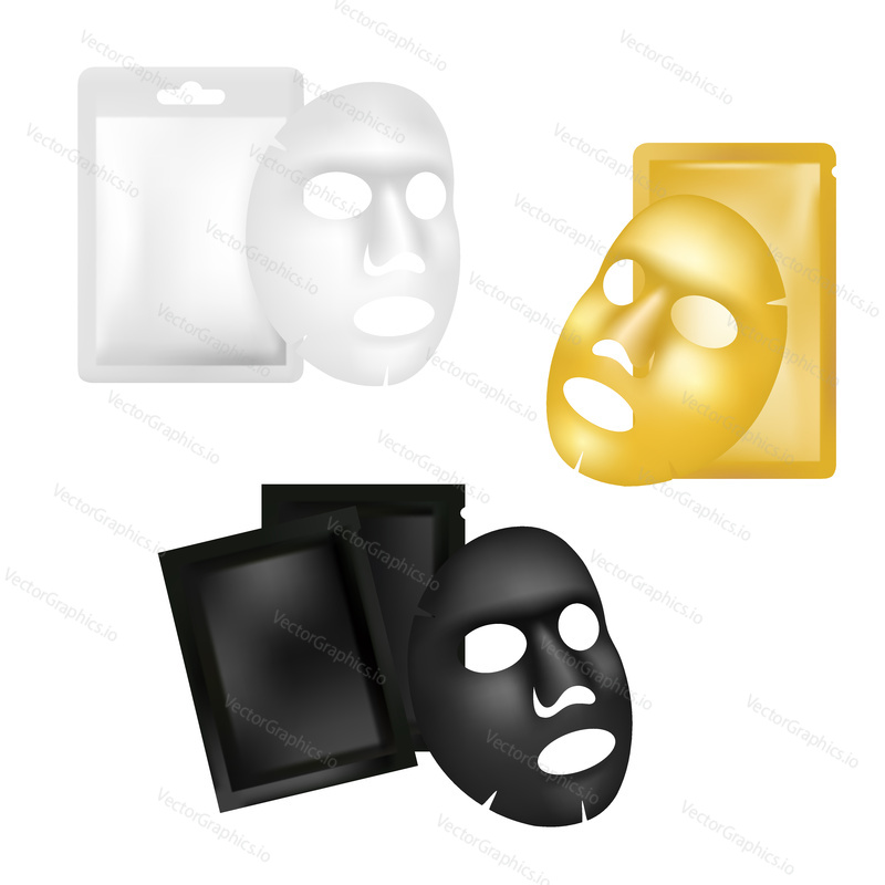 Facial sheet mask and sachet mockup set. Vector realistic illustration isolated on white background. Beauty product package design template.