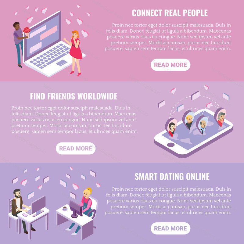 Dating app vector flat isometric horizontal banner set. Connect real people, Find friends worldwide, Smart dating online design elements, website templates.