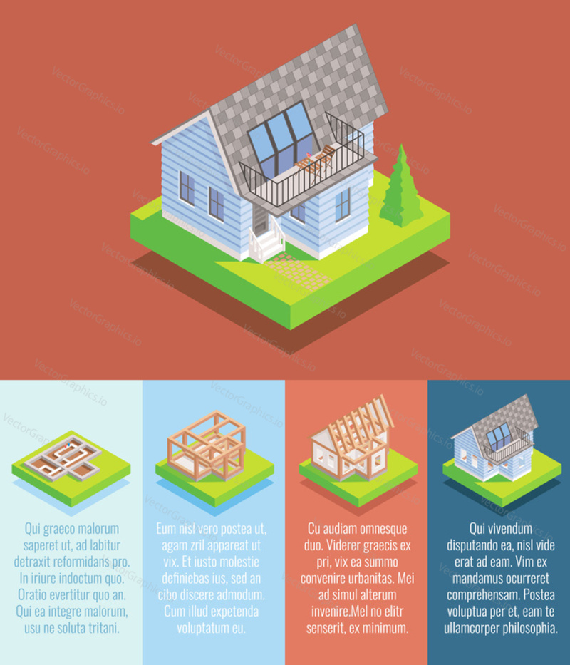 Cottage construction vector flat isometric poster, banner with foundation, framing, roofing, windows and doors installing and ready to move in countryside house design elements.