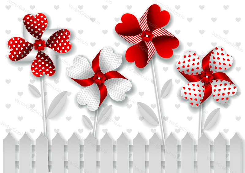 Greetings card for Valentines Day in paper art style design. Vector paper cut illustration. Heart shaped flower mill. 14 february origami concept.
