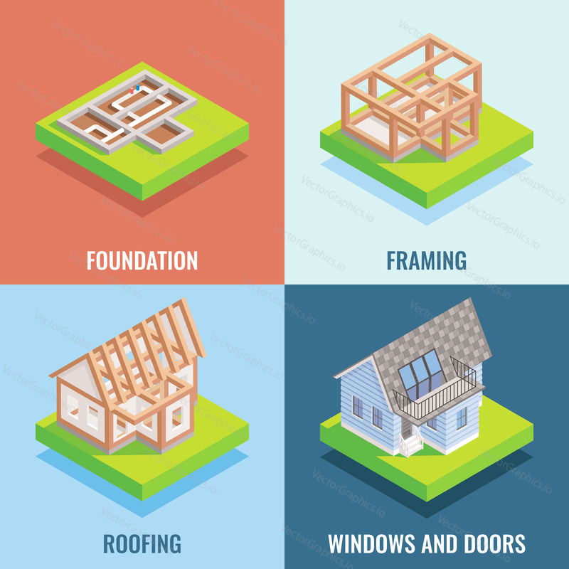 Cottage construction vector flat isometric poster, banner set. Foundation, Framing, Roofing, Windows and doors design elements.