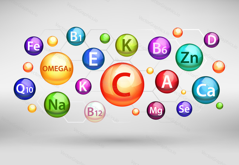 Essential vitamin and mineral complex. Vector creative design with different color glossy vitamin pills capsules.