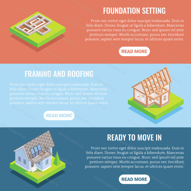 Cottage construction vector flat isometric horizontal banner set. Foundation setting, Framing and roofing, Ready to move in concept design elements, website templates.