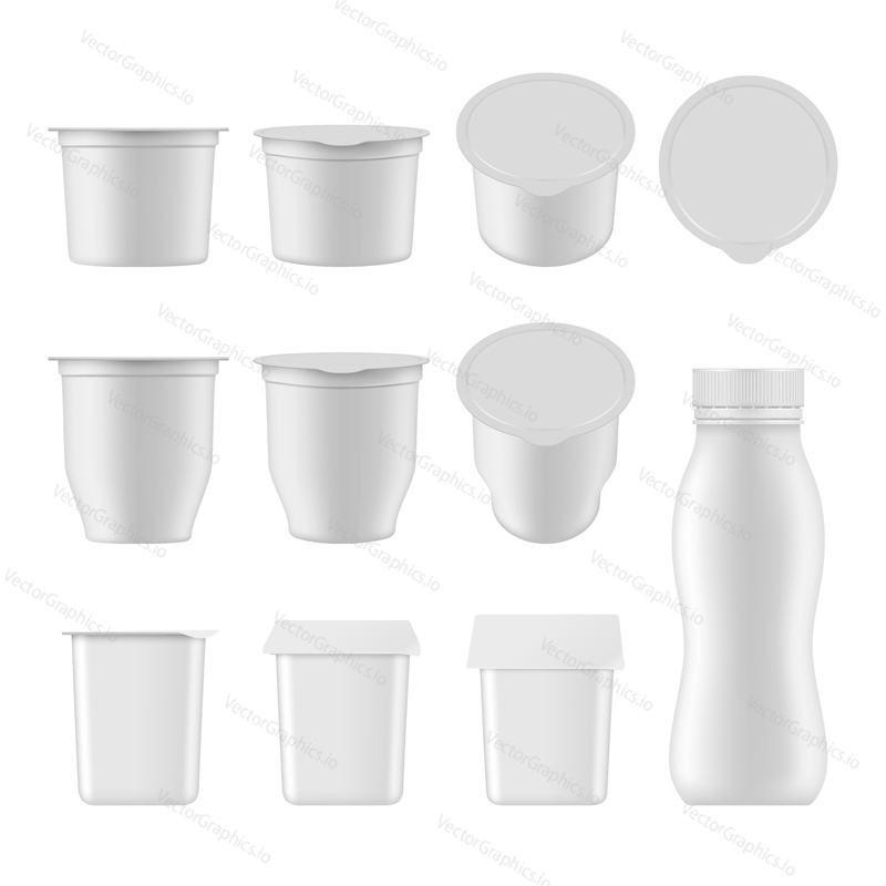 Natural yogurt vector realistic package mockup set. White blank plastic containers for dessert, yogurt, ice cream isolated on white background.