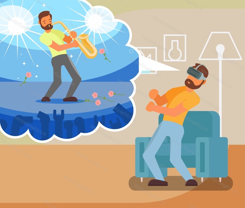 Vector illustration of beard man in vr glasses playing saxophone at home like real musician performing on stage. Flat style design.