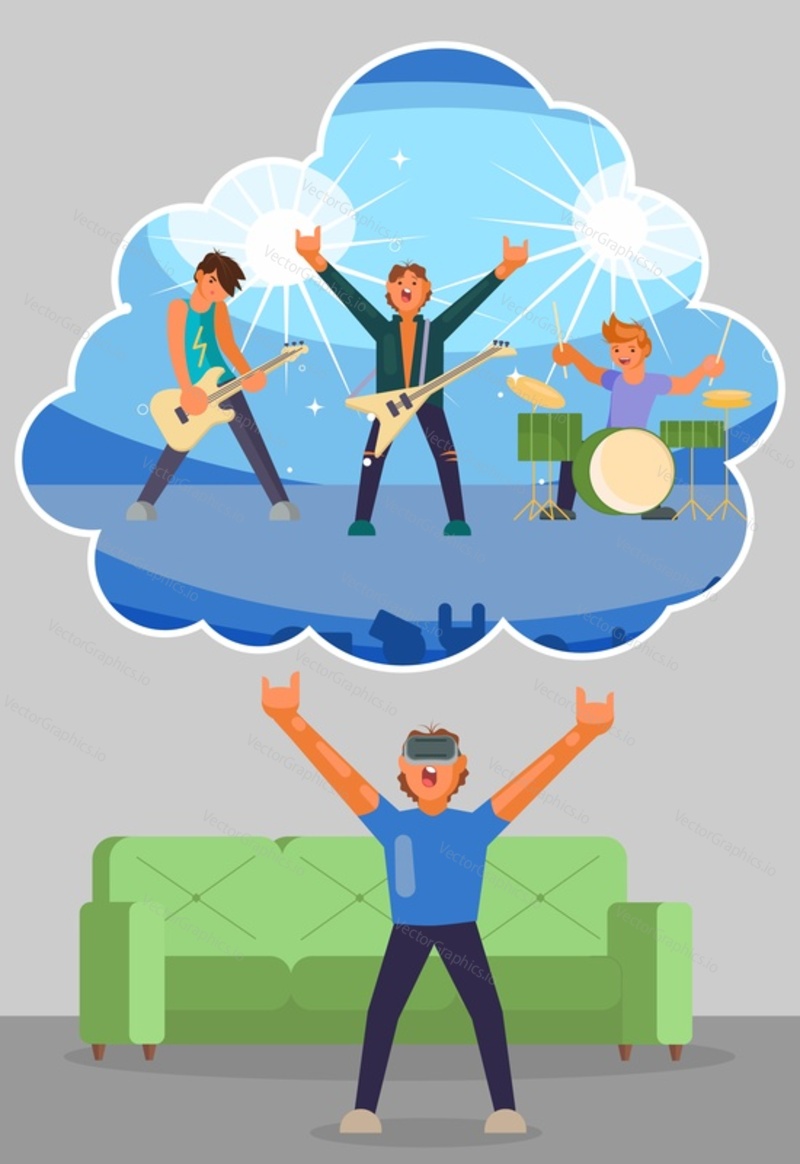 Virtual reality concert. Vector illustration of young boy in vr glasses enjoying rock music band performance at home. Flat style design.