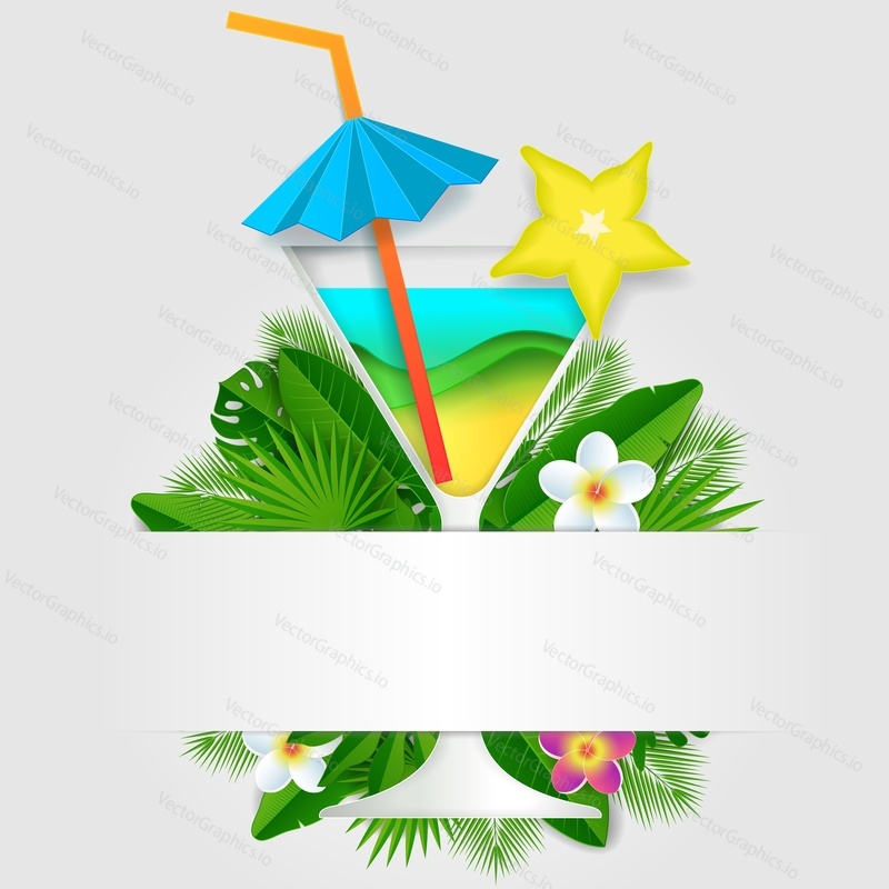 Tropical cocktail vector paper cut poster template. Exotic flowers, palm leaves, glass of cocktail and copy space.