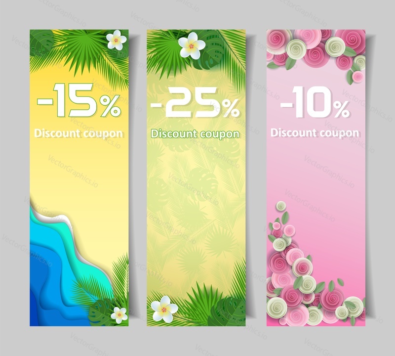 Floral discount coupon vertical template set. Vector paper art illustration.