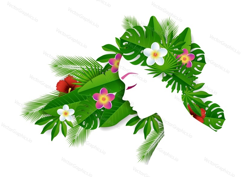 Portrait of beautiful young girl with tropical floral hair. Vector paper cut profile view illustration.