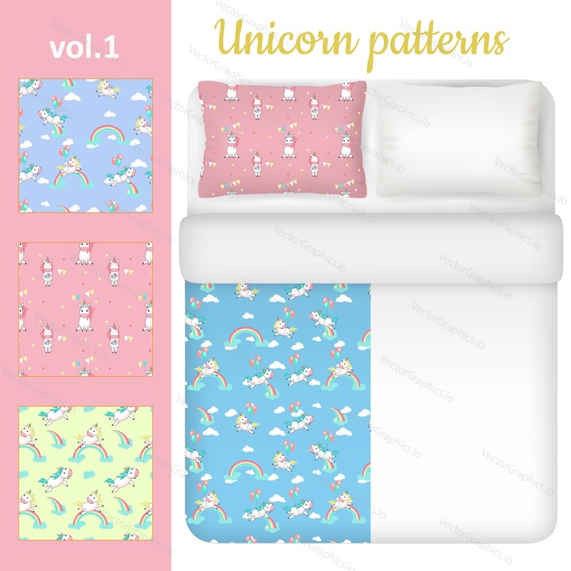 White blank and unicorn bed linen set. Vector top view illustration. Three seamless patterns for kids bedding fabric samples with magic unicorns, balloons, rainbows, string flags, hearts, stars.