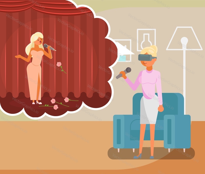 Vector illustration of woman in vr glasses singing with microphone like real singer performing on stage. Flat style design.