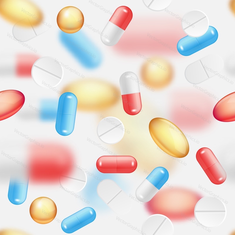 Falling pills seamless pattern. Vector realistic pharmaceutical capsules, tablets, caplets and softgels.