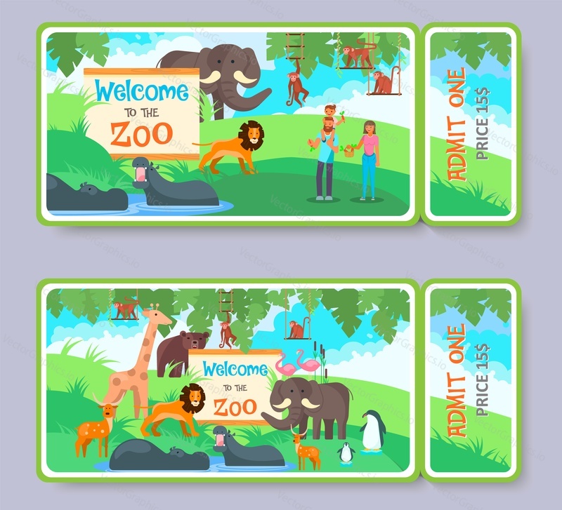 Zoo admission tickets with price announcement. Zoo ticket vector template set with exotic, woodland, polar animals, visitors and welcome to zoo signboard.