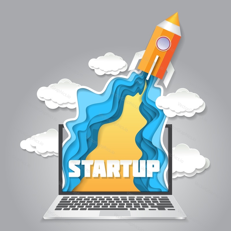 Vector origami rocket launch. Startup new business concept paper art style illustration.