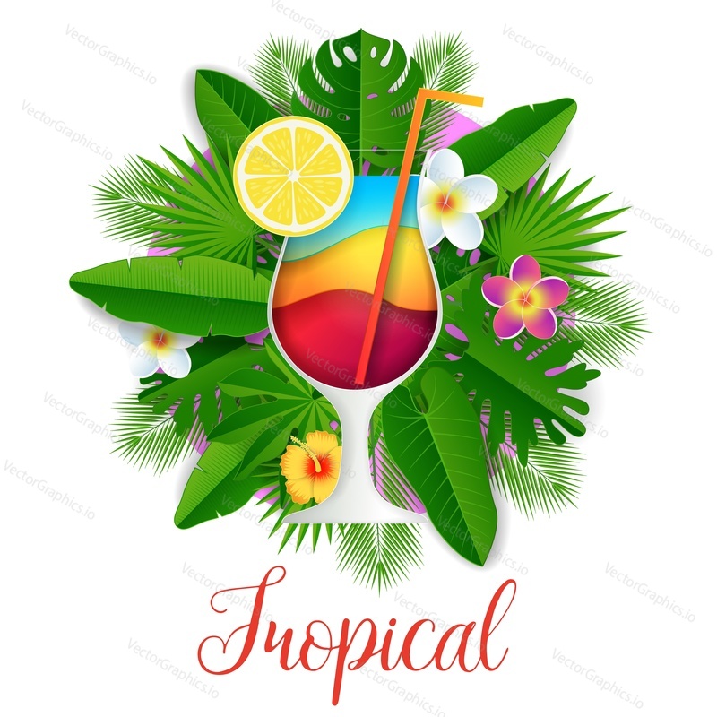 Tropical vector paper cut illustration. Exotic flowers, palm leaves and glass of cocktail with slice of lemon. Summer beach tropical party invitation, card, poster, banner design template.