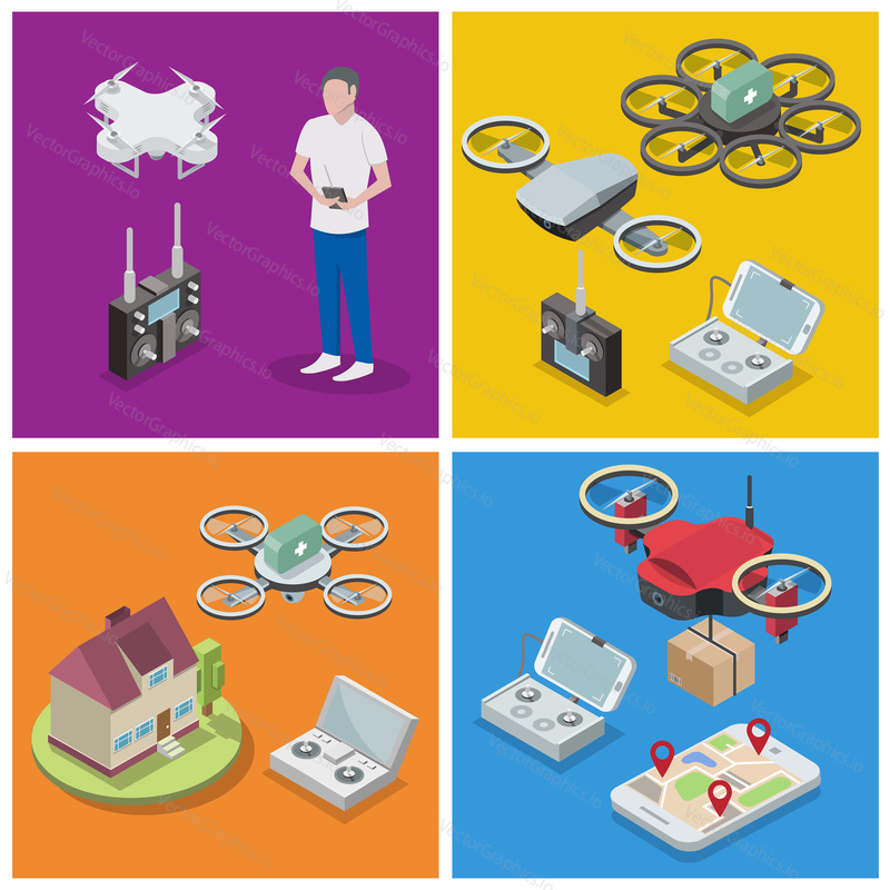 Isometric drone poster, banner template set. Vector illustration of controlled via smartphone or controller quadcopters delivering parcel, first aid kit.