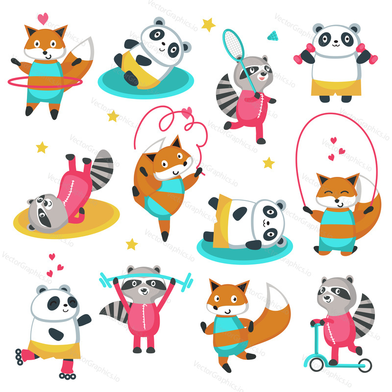 Fitness raccoon panda fox icon set. Vector illustration isolated on white background. Cute animals playing badminton, riding push scooter, exercising with jump rope, hula hoop, dumbbells etc.