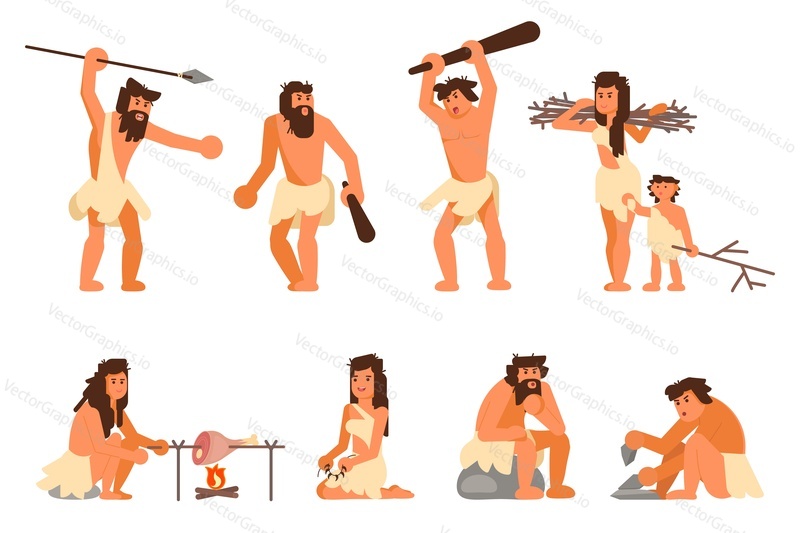 Stone age people icon set. Vector flat style design illustration of primitive people cavemen hunting, cooking, gathering brushwood, making stone tools isolated on white background.