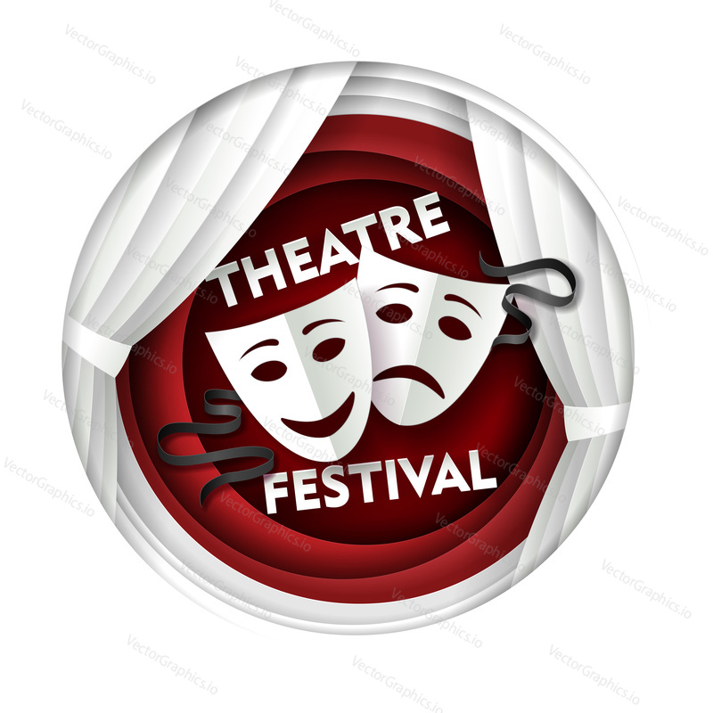 Divadelní festival plakát banner šablona. Vektorové papírové řezané divadelní dekorace s komediálními a tragickými divadelními maskami v kruhu.