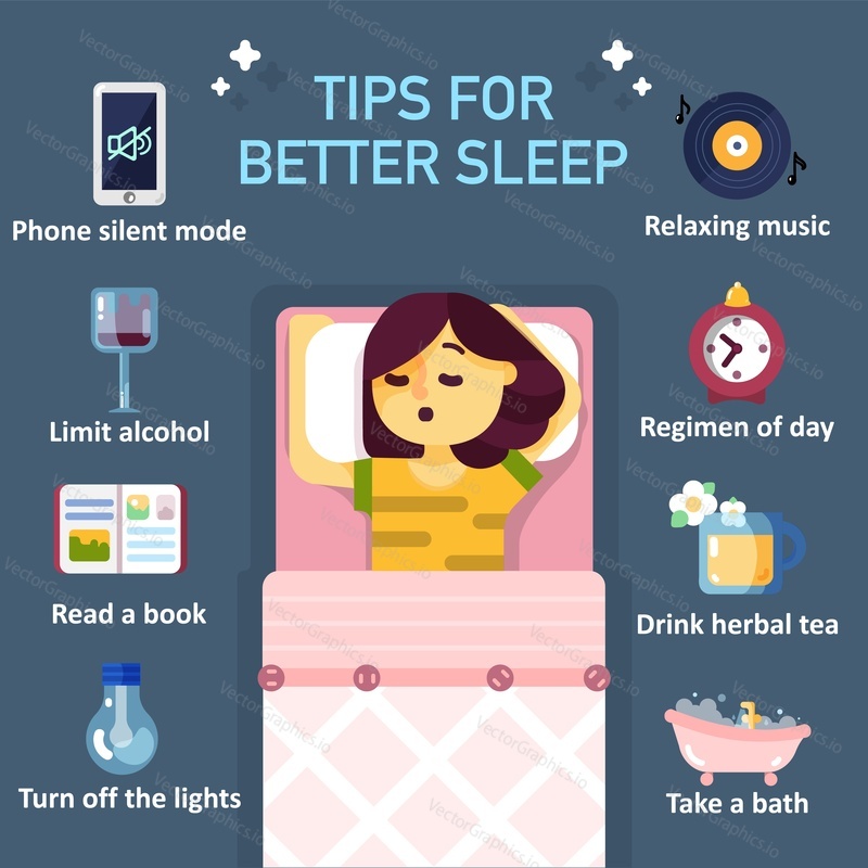 Eight tips to better sleep at night infographics. Vector flat style design illustration of sleeping girl in center and useful advices for better sleep around her.