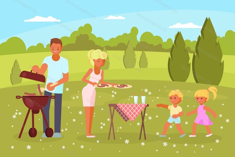Happy family with two kids having summer picnic in countryside. Father grilling sausages on bbq grill, mother giving plates with grilled sausages to their children boy and girl.
