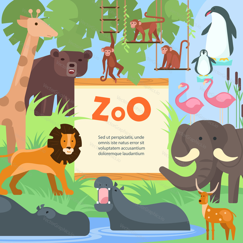 Zoo animals vector flat style design illustration. Exotic, woodland, polar animals and signboard with zoo lettering in center.