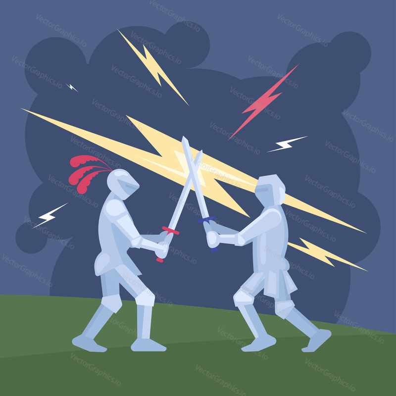 Medieval knights sword fighting scene. Vector flat style design illustration.