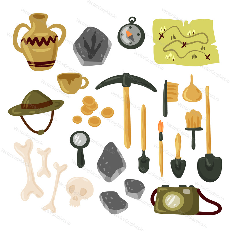 Archaeology icon set. Vector illustration isolated on white background.