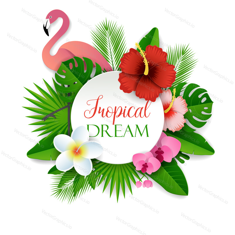 Tropický sen vektorový papír řezané ilustrace s tropickými květy, palmovými listy a růžovým plameňákem. Tropical beach summer travel concept designový prvek pro plakát banner atd.