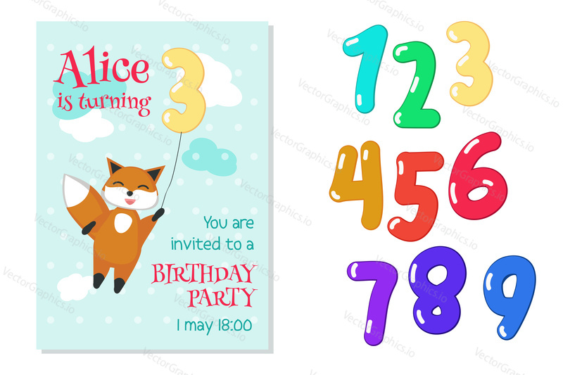 Birthday party invitation card template with numbers from one to nine. Vector hand drawn illustration of cute fox flying on number three balloon.