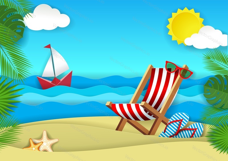 Summer beach vector paper cut illustration. Ocean beach with chaise lounge, flip-flops, sunglasses, palm leaves, starfish, boat floating on water. Summer vacations concept for poster, banner, card.