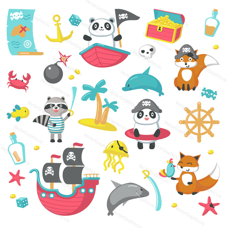 Sada ikon pirátů. Vektorové ilustrace roztomilých zvířat panda, mýval, liška v pirátské klobouky, loď s pirátskými vlajkami, medúzy s náplastí na oči a další mořské předměty izolovaných na bílém pozadí.