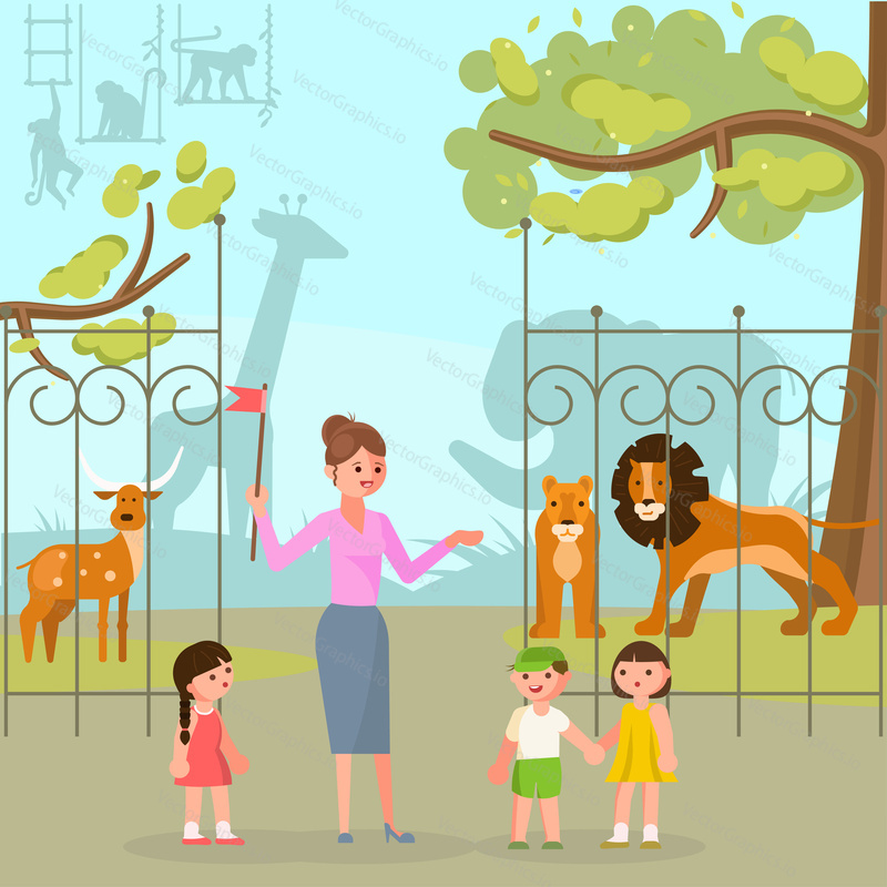 Zoo zvířata vektorové ploché styl designu ilustrace. Šťastné děti se svým učitelem stojícím před vstupní branou zoo.