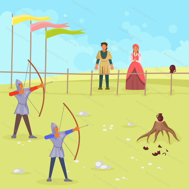 Medieval archery scene. Vector illustration of two archers aiming with bow and arrow. Flat style design.