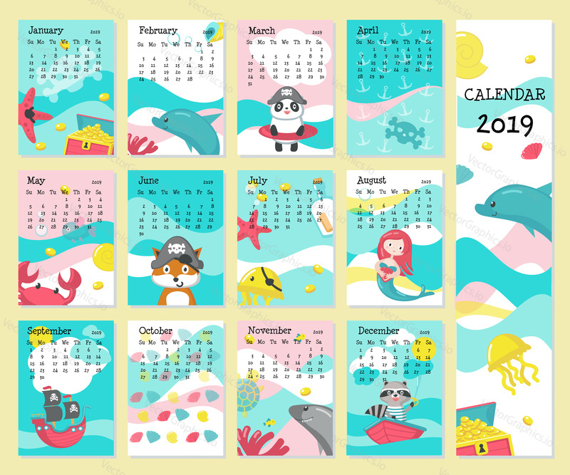 Year 2019 calendar vector template. Yearly calendar showing months with cute pirate animals, pirate accessories and marine items.