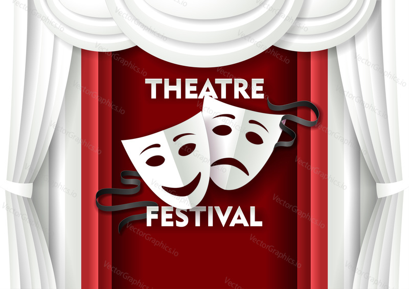Divadelní festival plakát banner šablona. Vektorové papírové řezané divadelní dekorace s komediálními a tragickými divadelními maskami.